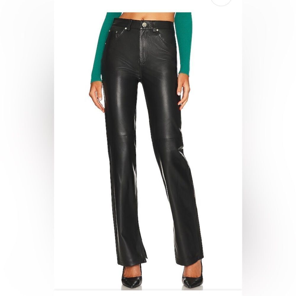 NBD Claire leather pants black straight leg flares split hem NWT Revolve $498 S